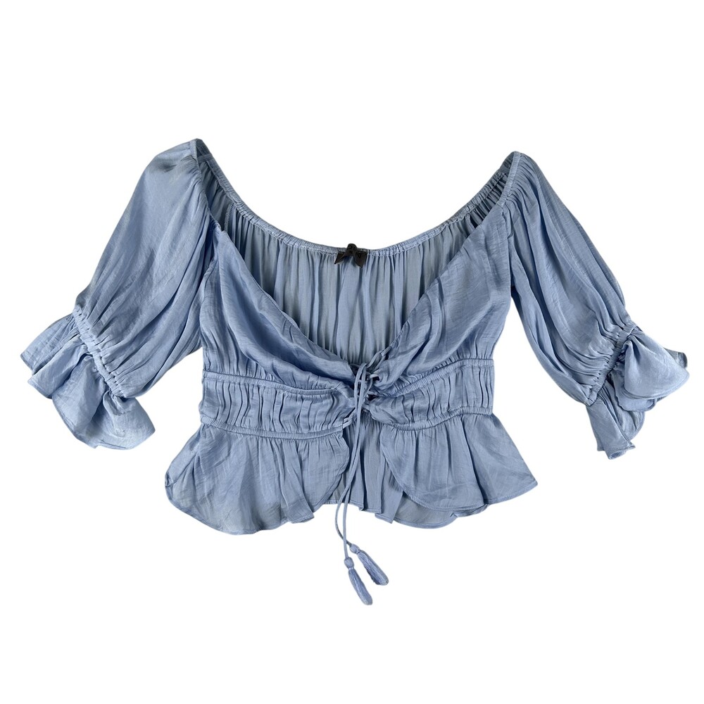 AIDEN Top Womens Small Blue Boho Off Shoulder Cropped Ruffle Tassel Sleeve Top